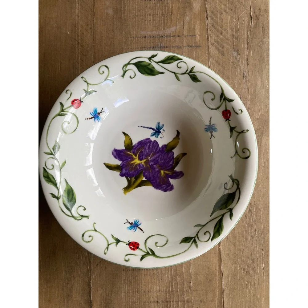 Tabletops Unlimited Botanical Garden Bowl Purple Iris Ladybug Dragonfly 8.5in